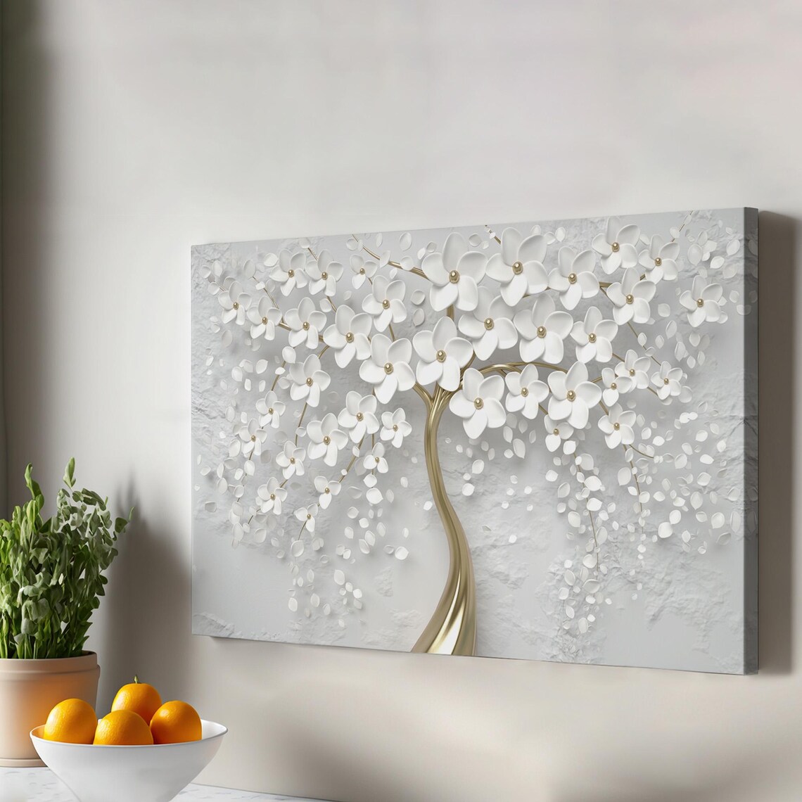 White Flowering Tree Golden Trunk 3D Relief Floral Canvas Wall Art