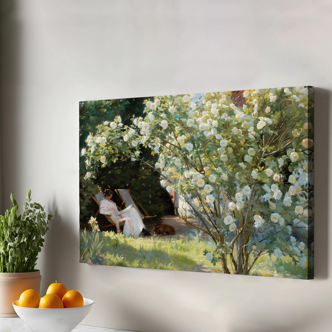 PS Kroyer Roses Painting Woman Reading Under White Rose Bush Poster