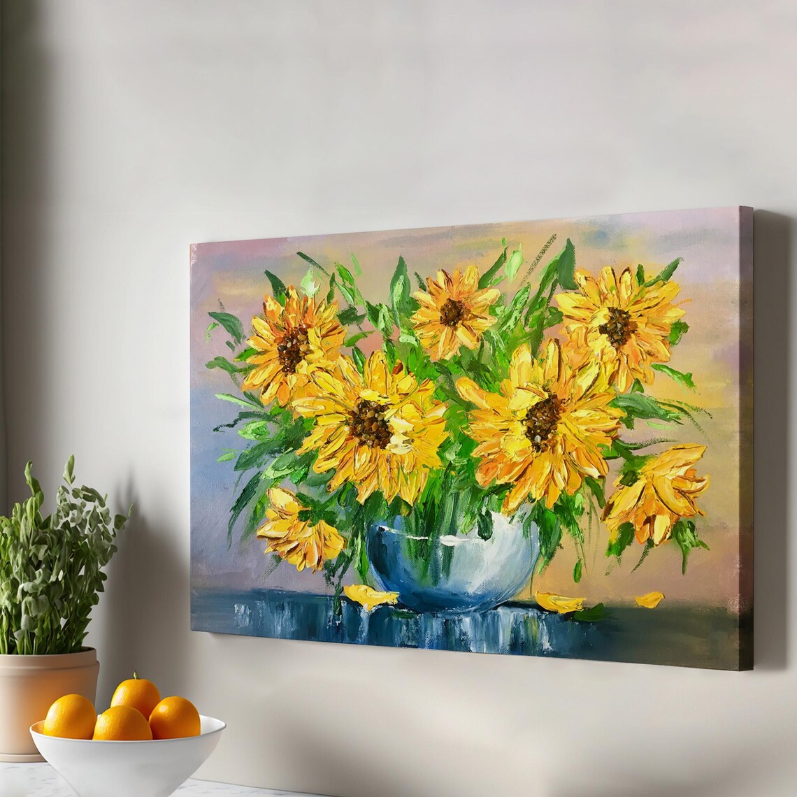 Sunflowers in Vase Oil Painting Poster Yellow Blooms Still Life Floral Artwork