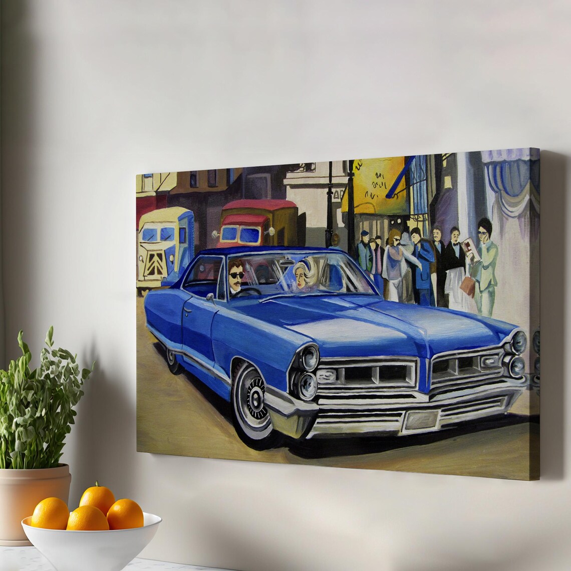 Classic Blue Car City Street Vintage Muscle Coupe Retro Auto Poster