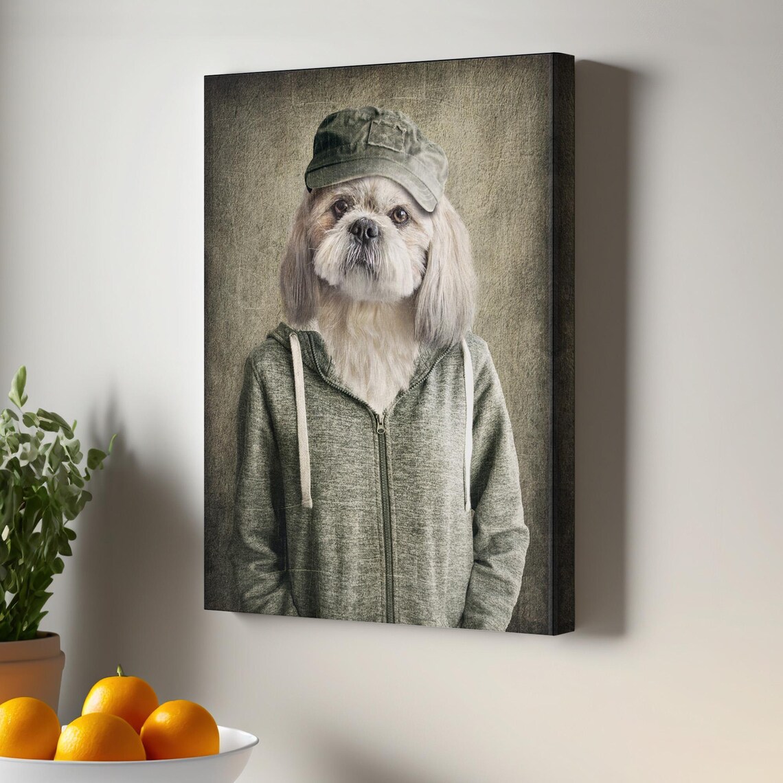 Shih Tzu Dog Portrait Poster Hoodie Cap Dressed Up Puppy Funny Animal Artwork