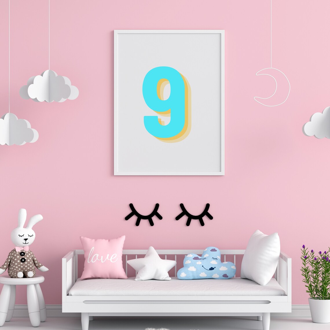 Retro Neon Blue Number 9, Monogram Number Nine - Image 5