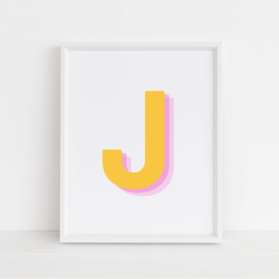 Retro 3d J Alphabet Art Letter J Print Bold Typography In Yellow And Pink Initial Wall Art Initial J Retro Wall Decor