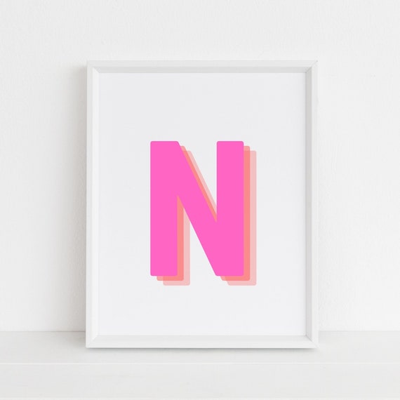 Retro 3d Letter N Print Monogram Letter Print Pink And Orange Letter Initial Alphabet Print Baby Letter Art Wall Art