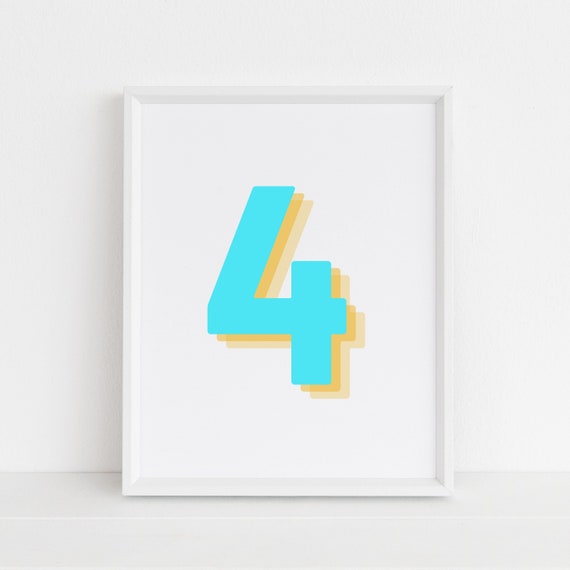 Number 4 Retro 3D Neon Blue Birthday Age Art Print