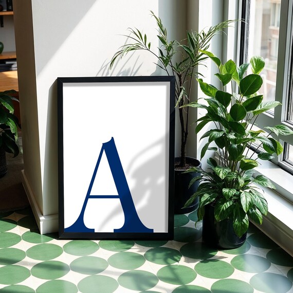 Letter A Navy Blue Monogram Initial Minimalist Typography Poster