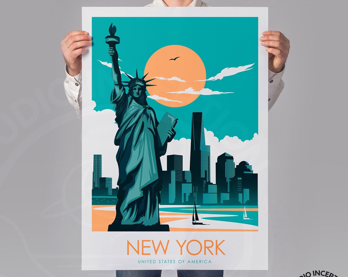 New York Travel Poster, USA Skyline and Liberty - Image 3