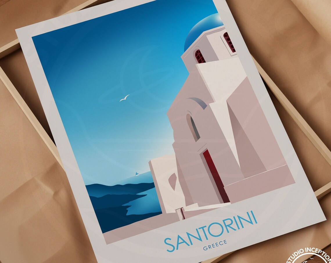 Santorini Travel Poster, Greece Romantic Artwork - Image 3