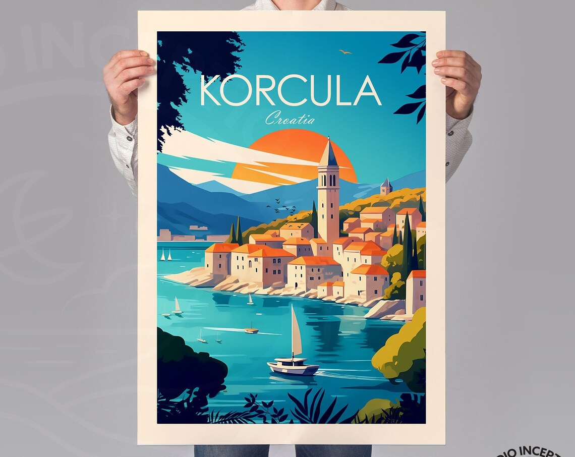 Korcula Croatia Adriatic Old Town Sailboat Sunset Travel Poster - Image 2