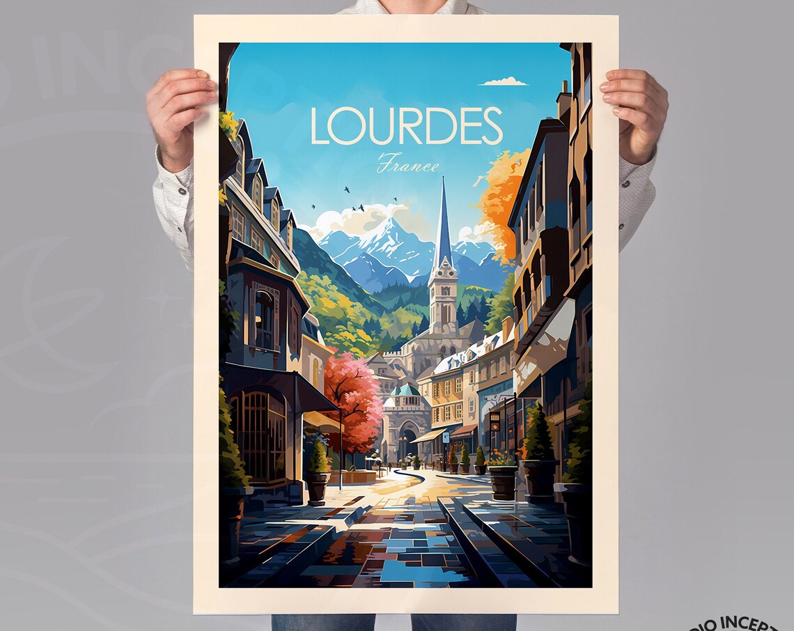 Lourdes France Pyrenees Mountains Cobblestone Street Travel Poster - Image 3