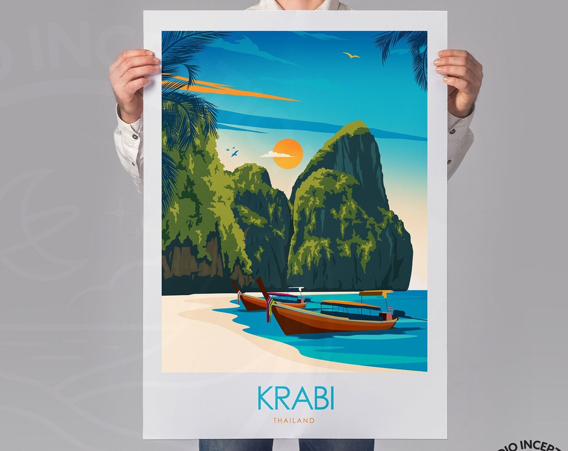 Krabi Thailand Limestone Cliffs Longtail Boats Beach Sunset Poster - Image 2