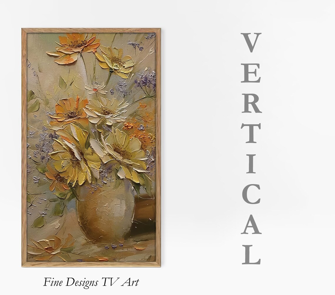 Golden Daisy Bouquet in Vase Vertical Earth Tone Floral Art Poster