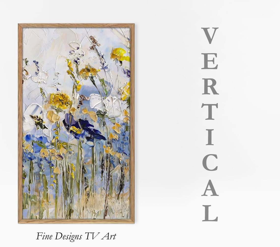 Vertical Yellow Blue Abstract Wildflowers Impasto Oil Painting Print