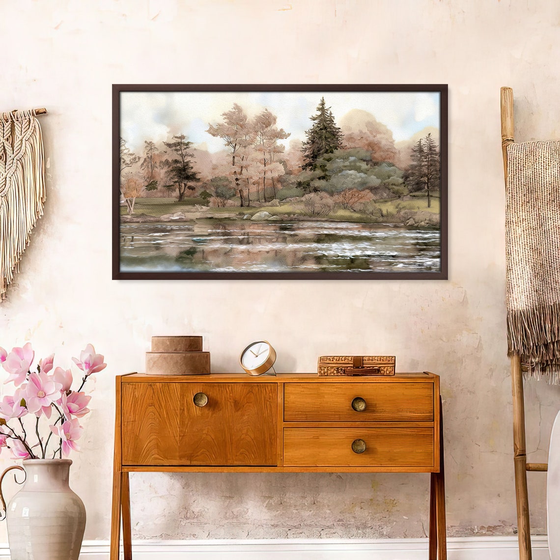 Vintage Pond Reflection Trees Calm Water Neutral Landscape Art Poster - Image 2