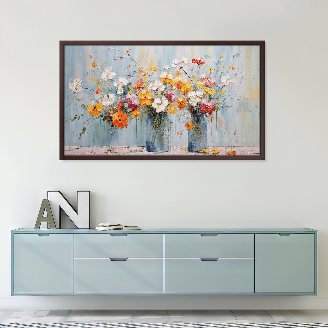 Blue Vases Colorful Wildflowers Bouquet Soft Blue Background Art Print - Image 2