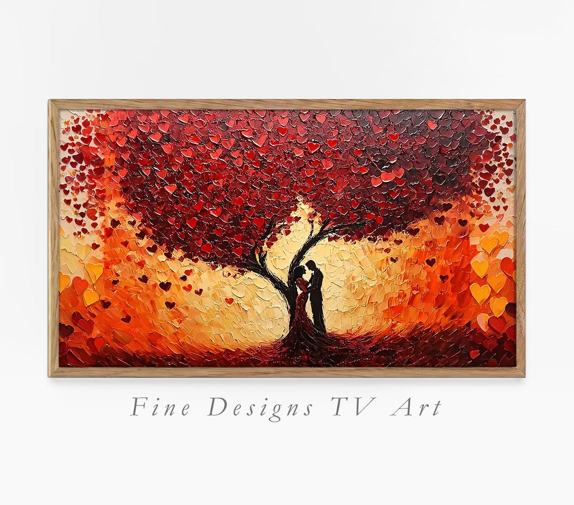 Kissing Couple Under Heart Tree Sunset Impasto Romantic Love Poster