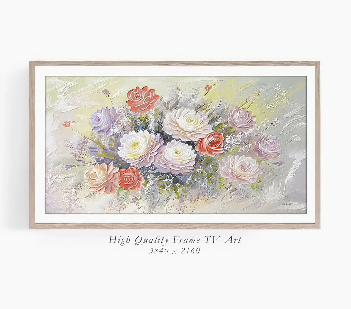 Hand Painted Pastel Roses Coral White Lavender Thick Art Poster - Image 3