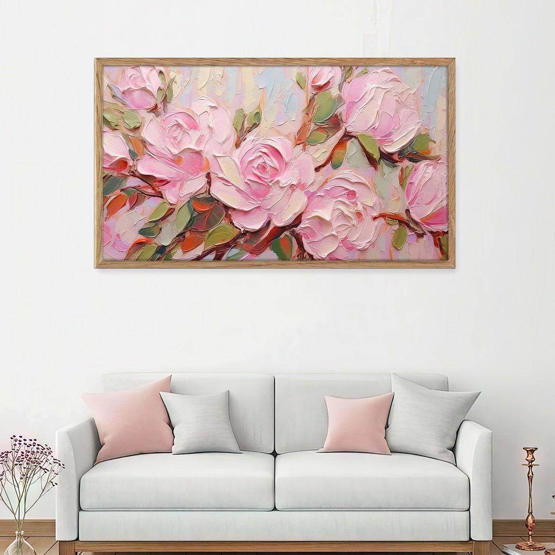 Pink Roses Impasto Close Up Soft Pastel Rose Bloom Floral Art Print - Image 2