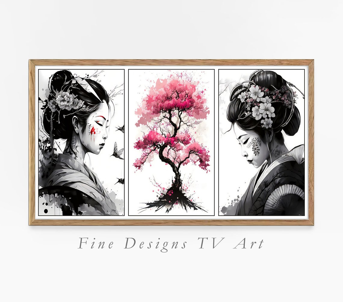 Japanese Geisha Cherry Blossom Triptych Black White Pink Art Poster