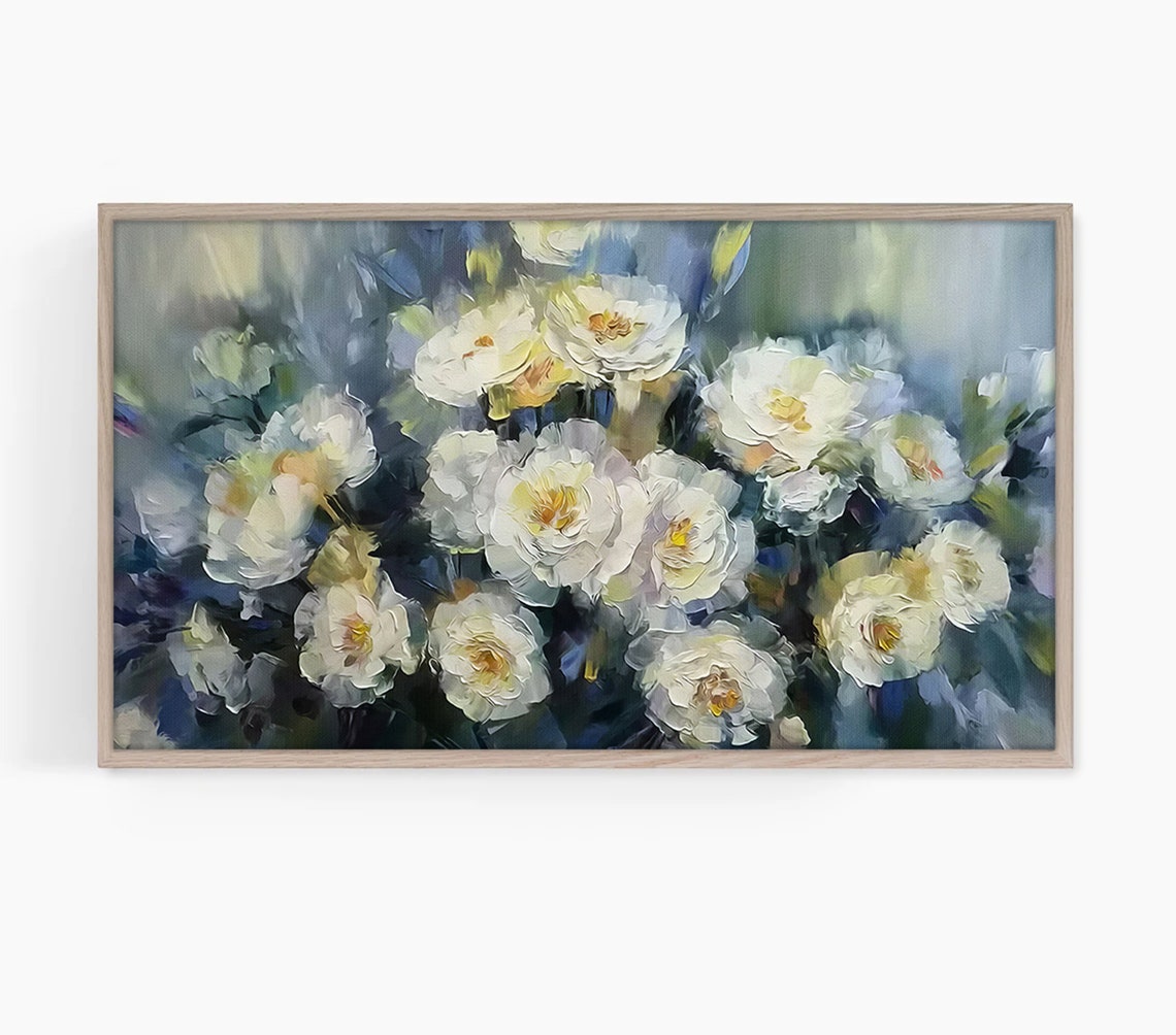 White Peony Textured Bouquet Blue Green Elegant Spring Art Poster