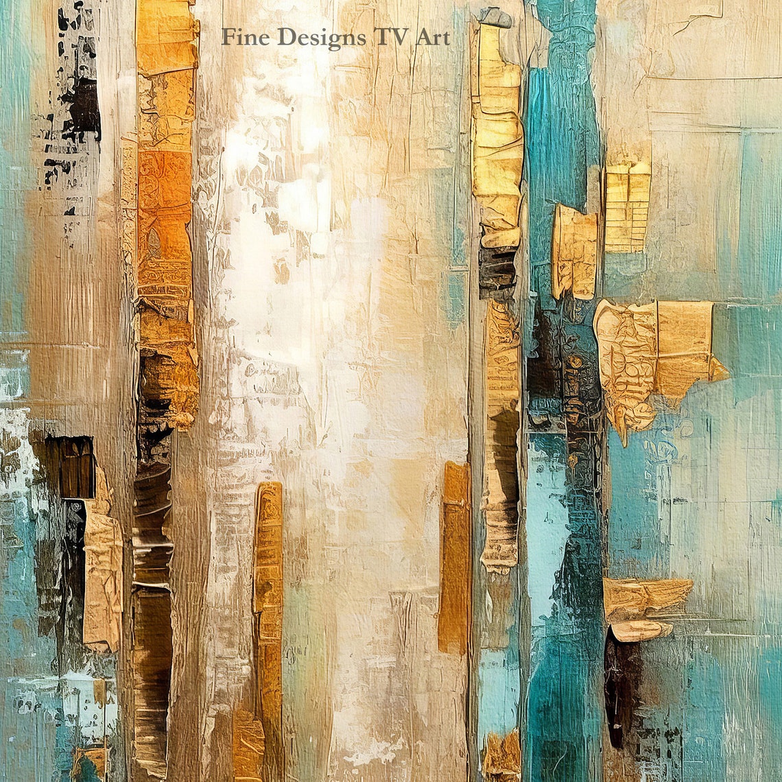 Vertical Turquoise Gold Cream Abstract Textured Modern Art Print - Image 2