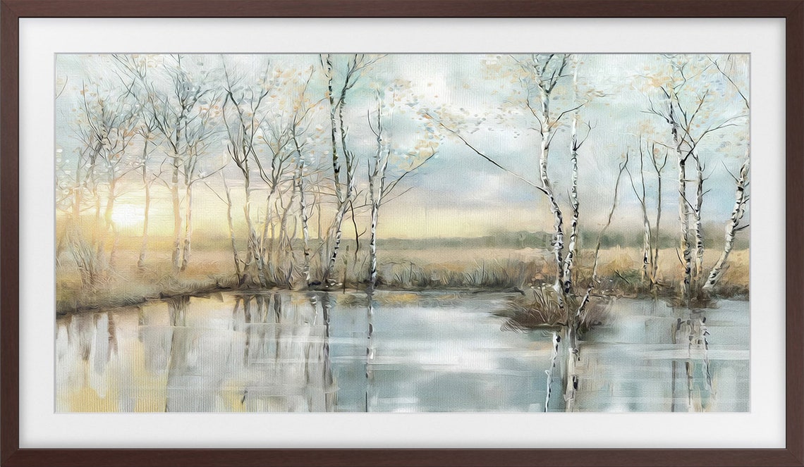 Peaceful Sunrise Lake Birch Trees Golden Mist Morning Landscape Poster - Image 3