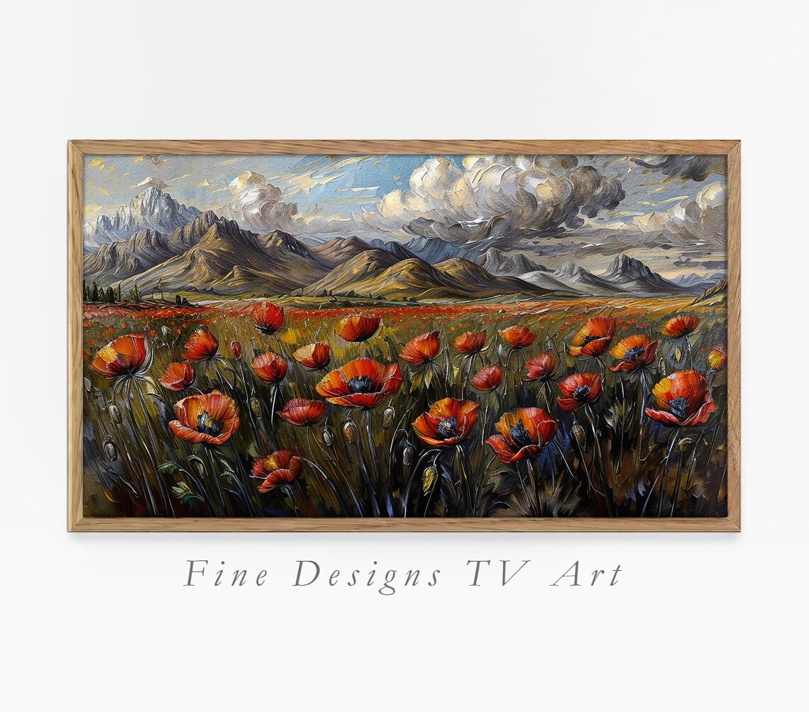 Red Poppy Field Mountains Dramatic Sky Vintage Oil Painting Art Print