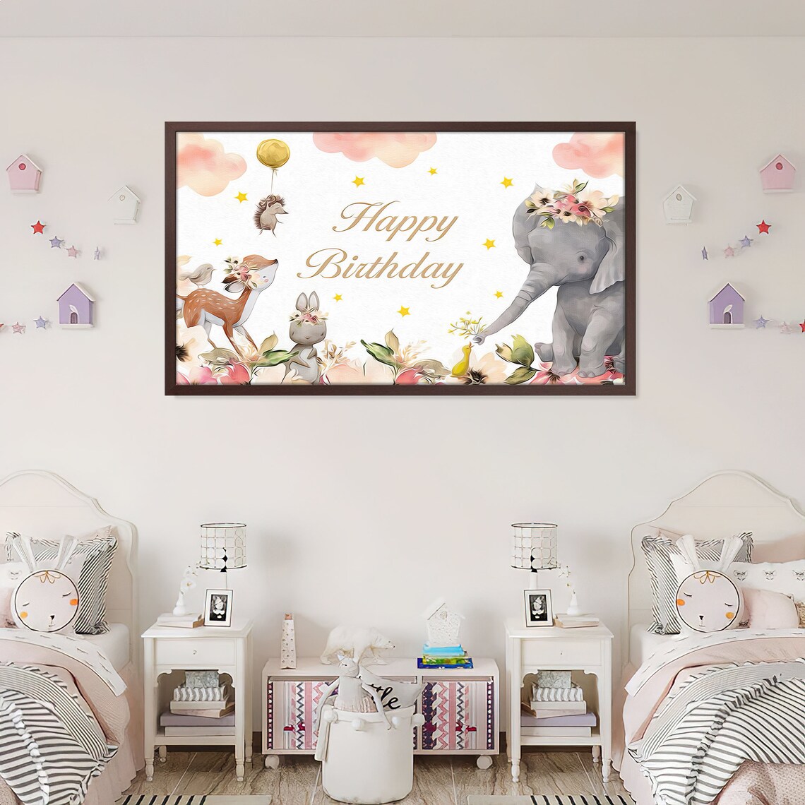 Happy Birthday Baby Animals Elephant Deer Bunny Party Art Print - Image 2