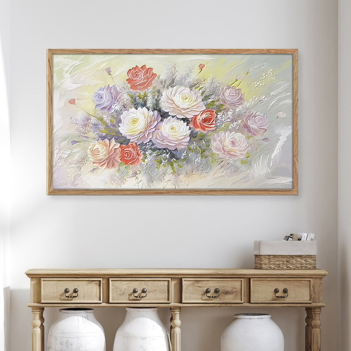 Hand Painted Pastel Roses Coral White Lavender Thick Art Poster - Image 2