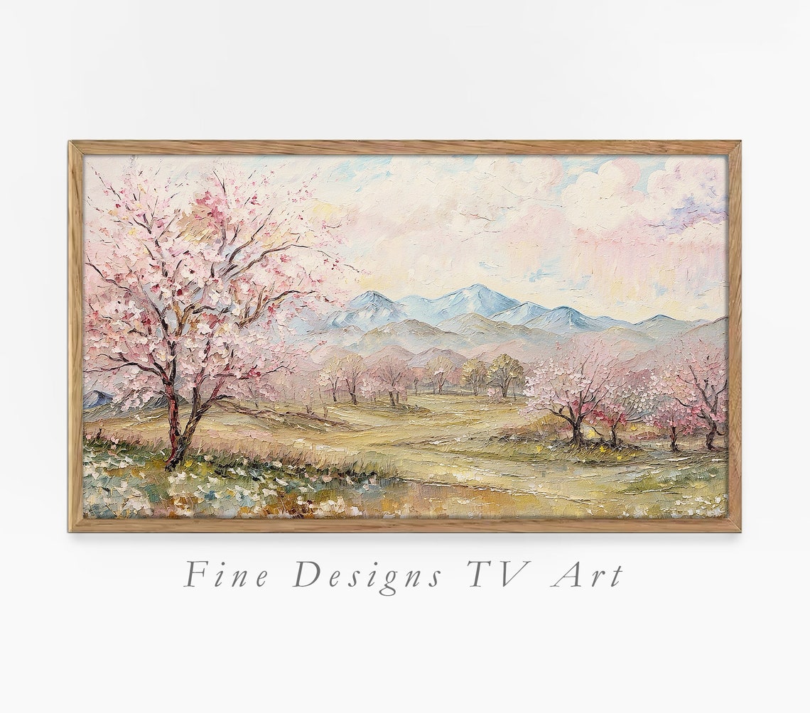 Cherry Blossom Spring Valley Mountains Pastel Pink Landscape Wall Art