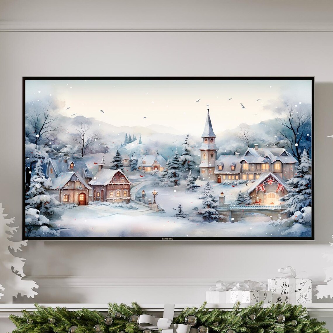 Snowy Christmas Village with Church Winter Wonderland Poster