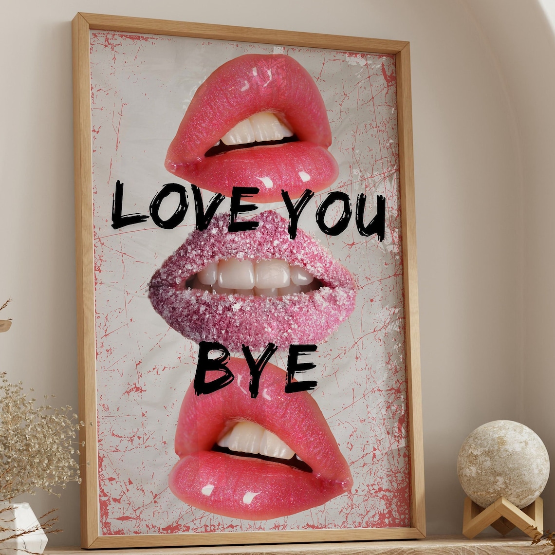 Love You Bye Lips Poster Pink Glossy Lips Collage Girly Coquette Decor