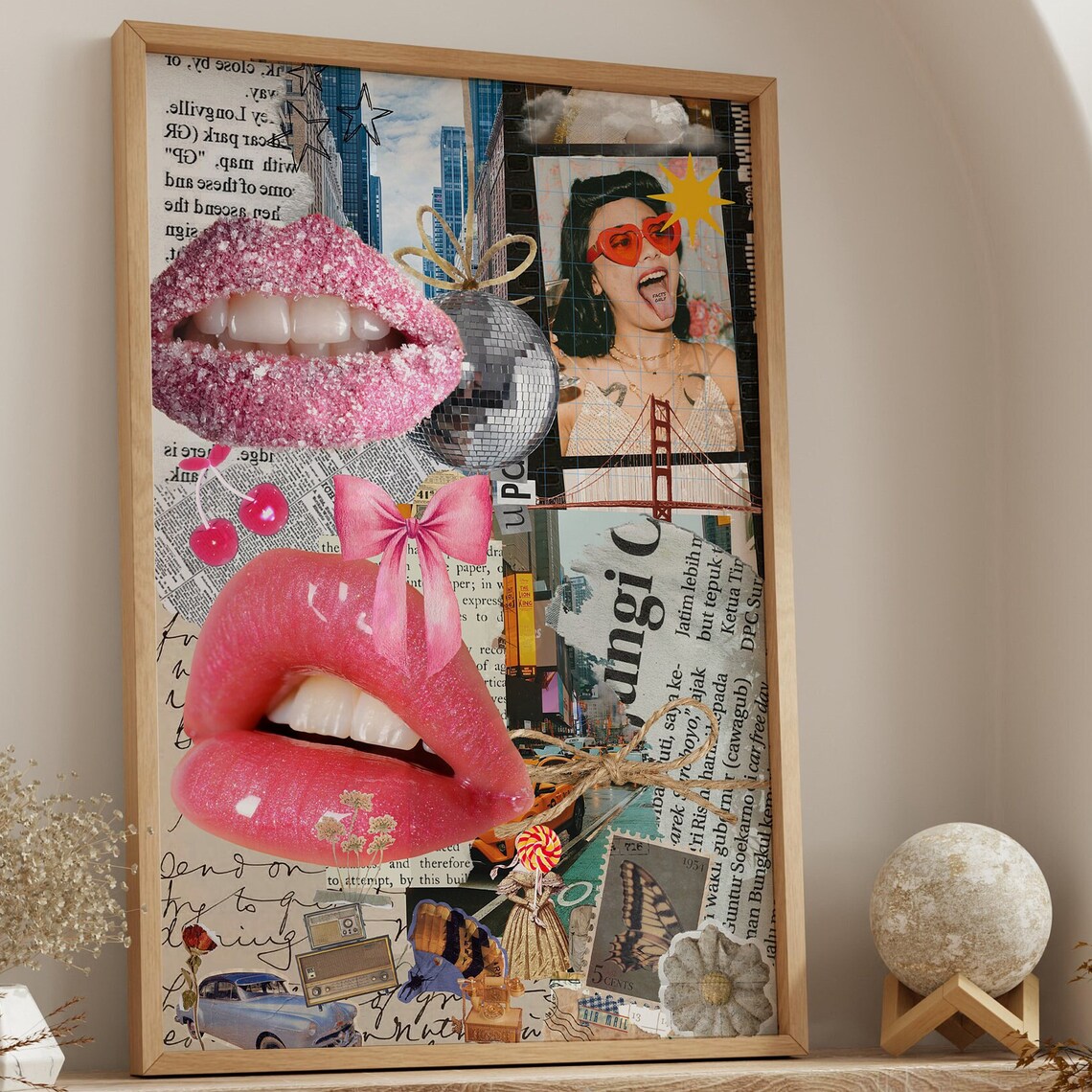 Girly Coquette Collage Pink Lips Disco Ball Preppy Trendy Poster - Image 3