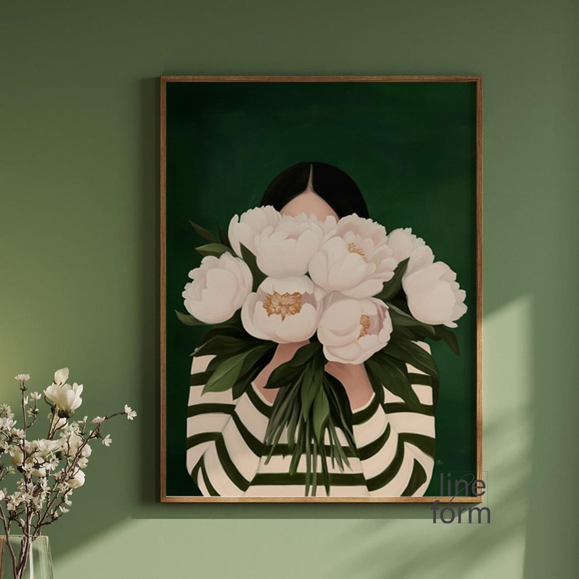 Woman Holding White Peonies Over Emerald Green Background Print