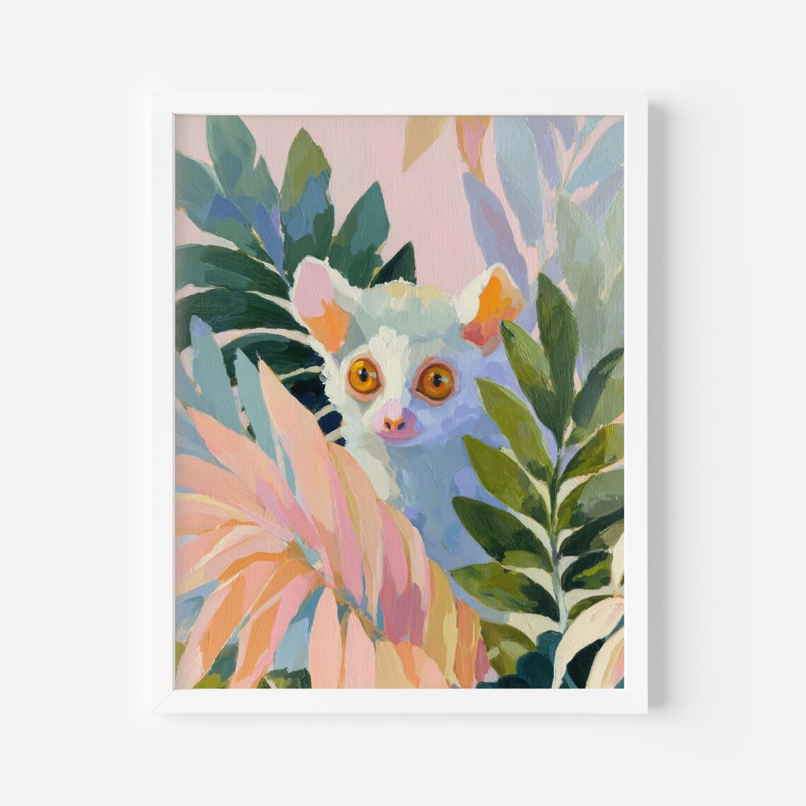 Pastel Lemur in Jungle Leaves Fauvist Tropical Nursery Art Poster