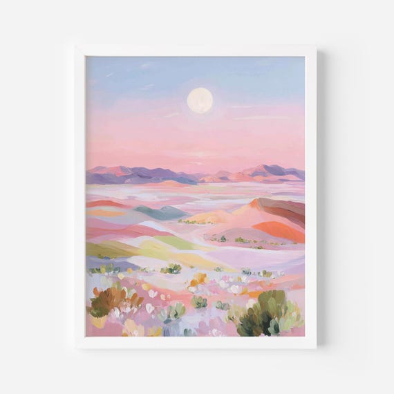 Desert Moon Pastel Landscape Print Sunset Wall Art Boho Southwestern Decor