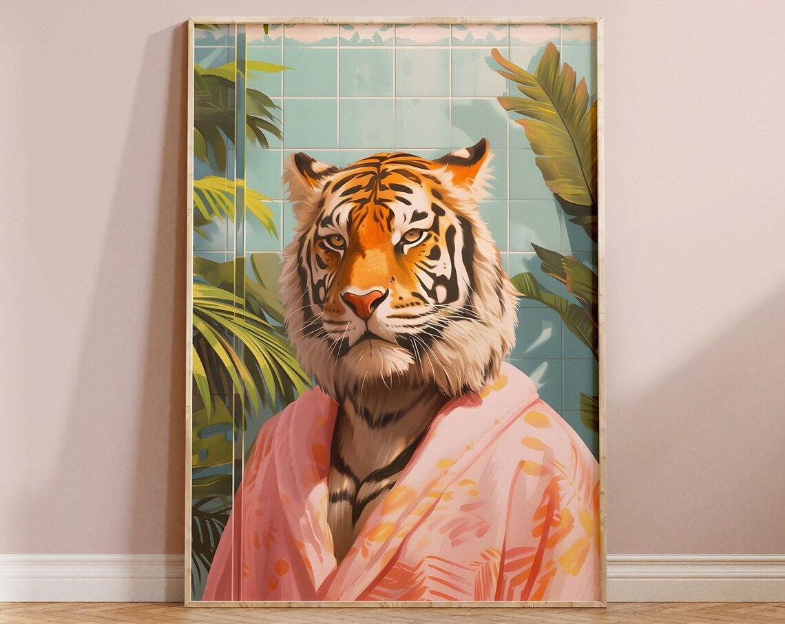 Tiger Pink Robe Tropical Portrait Funny Wildlife Bathroom Poster