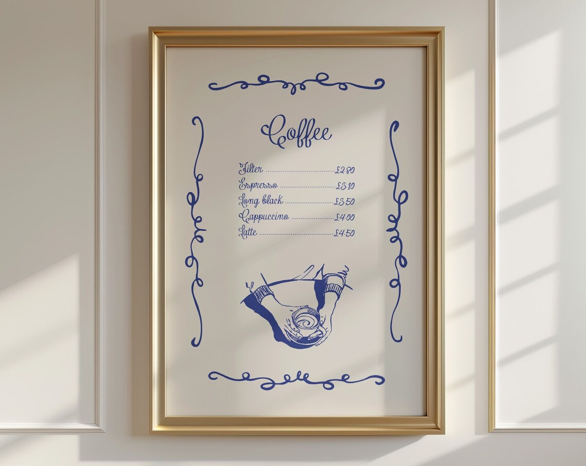 Blue Script Coffee Menu Print with Barista Cup Sketch for Kitchen Walls