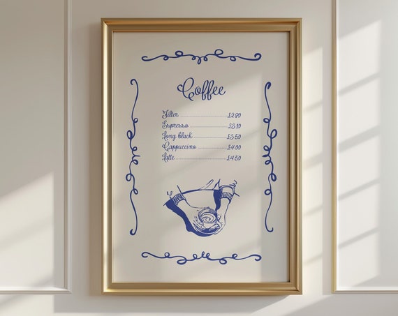 Blue Coffee Menu Print Italian Kitchen Retro Neutral Decor Lover Minimalist