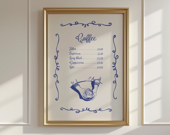 Blue Script Coffee Menu Print with Barista Cup Sketch for Kitchen Walls