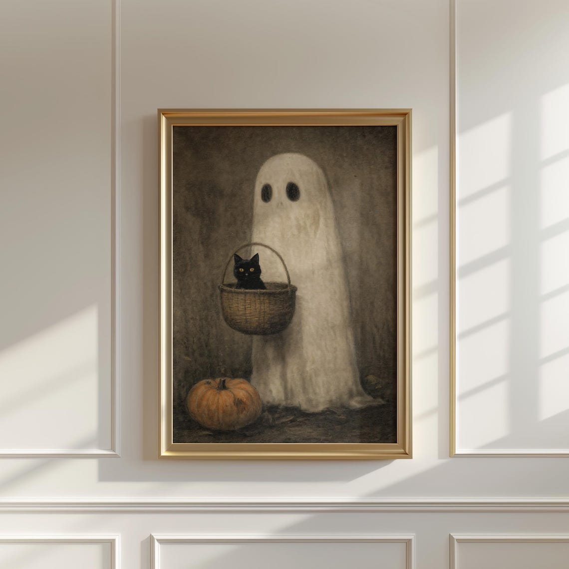 Ghost With Black Cat Pumpkin Basket Vintage Halloween Wall Art