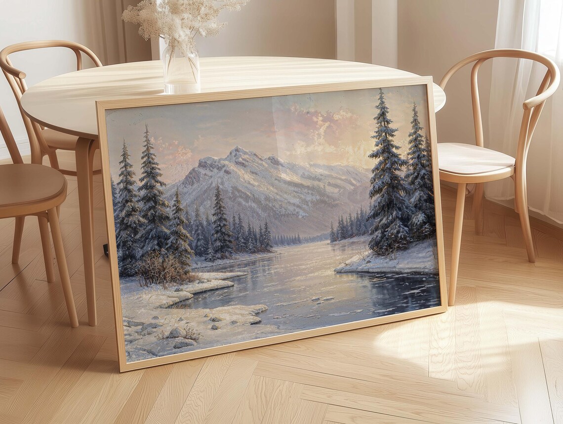 Serene Winter Mountain Lake Snowy Pines Vintage Landscape Print