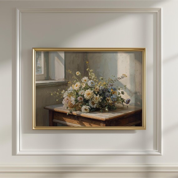 Sunlit Wildflower Bouquet Wooden Table Classical Vintage Still Life Poster