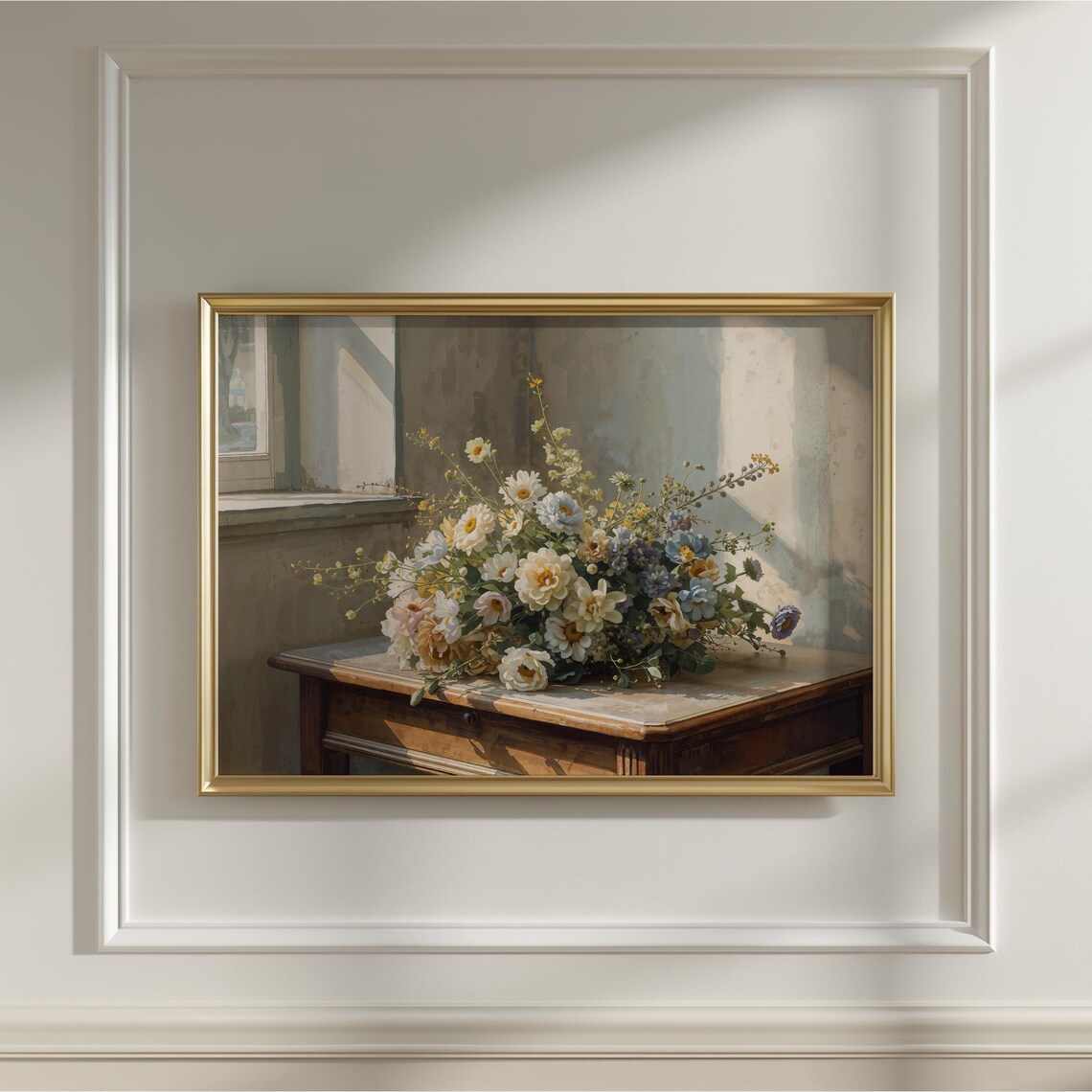 Sunlit Wildflower Bouquet Wooden Table Classical Vintage Still Life Poster