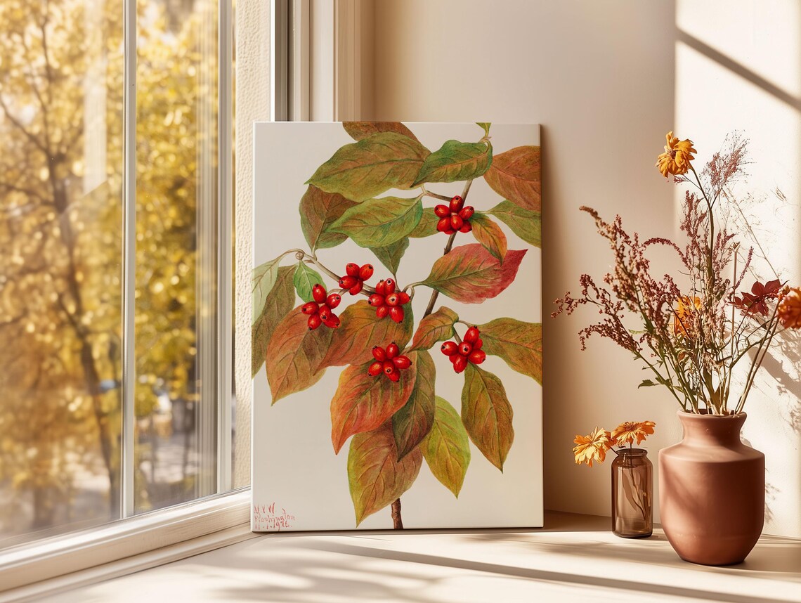 Vintage Flowering Dogwood Branch Red Berries Botanical Art Poster