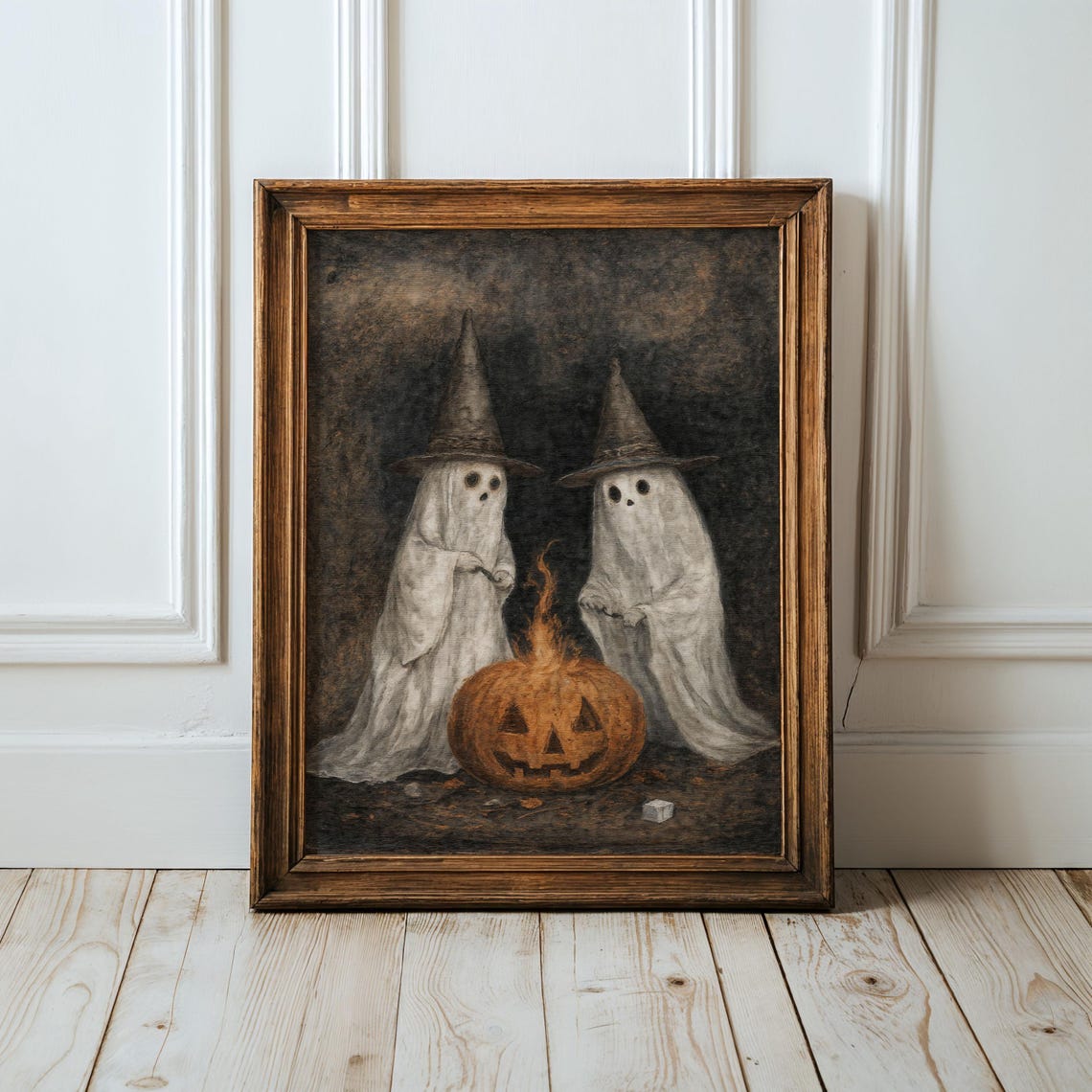 Two Ghosts in Witch Hats Warming Hands Over Pumpkin Halloween Wall Art