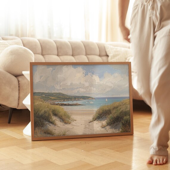 Serene Beach Cove with Sand Dunes and Sailboats Painting Poster