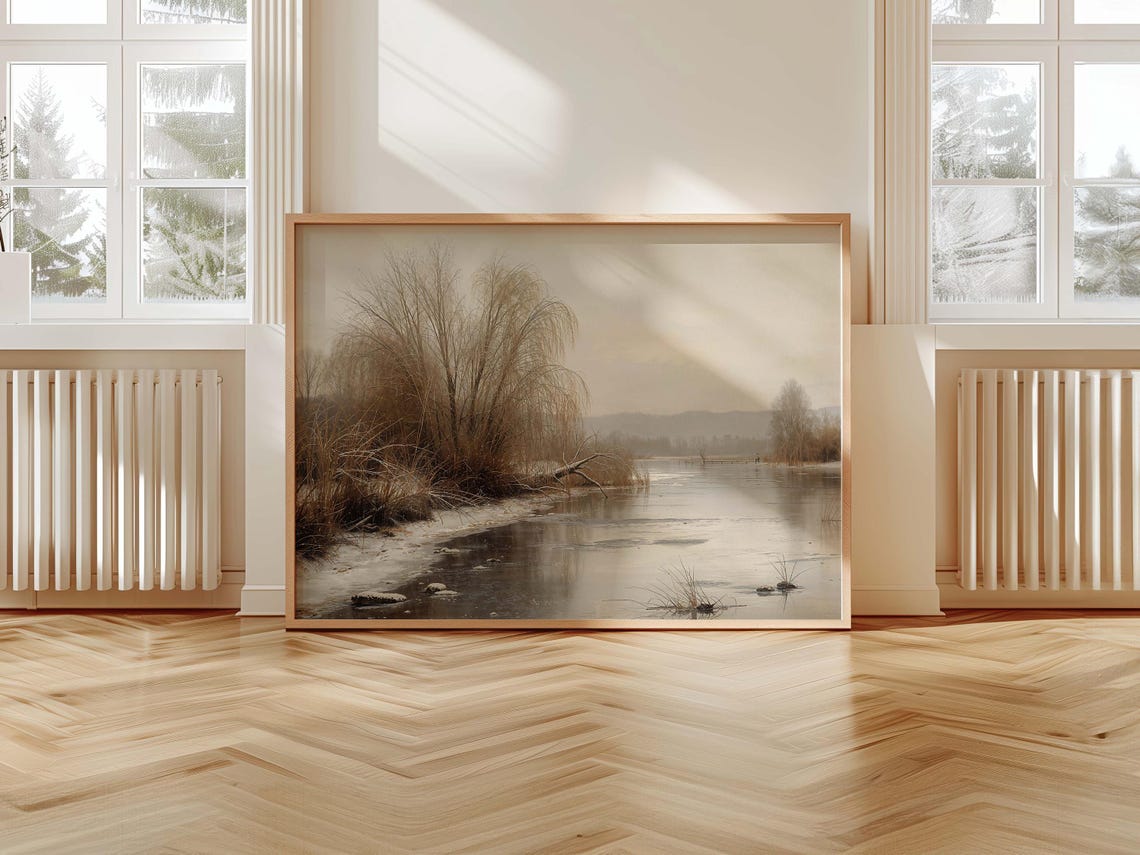 Winter River Landscape With Bare Willows Muted Vintage Print