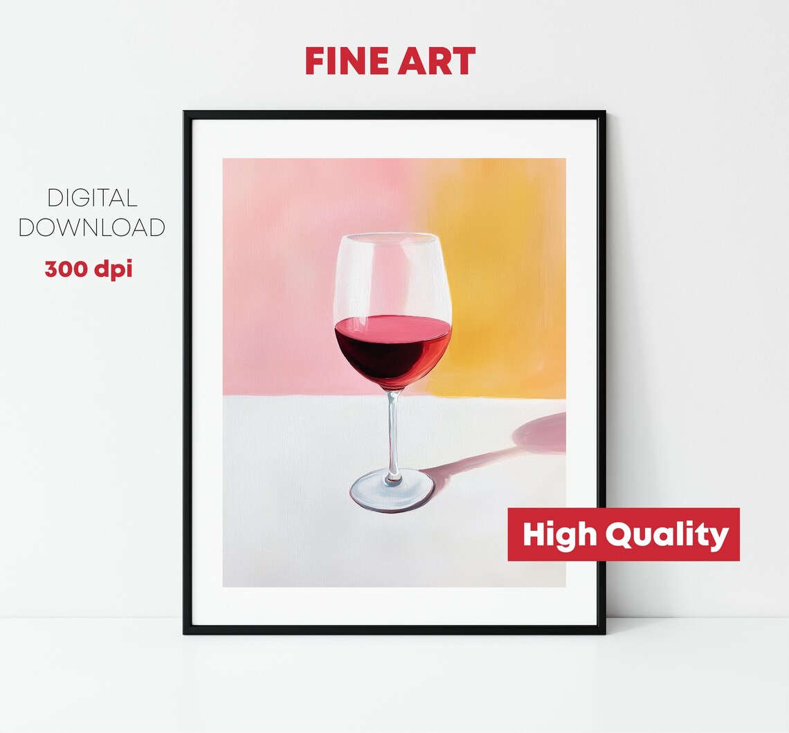 Red Wine Glass Pastel Pink Yellow Minimalist Bar Kitchen Art Print - Image 2
