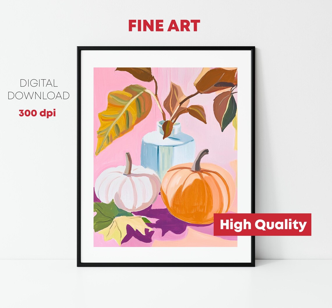 Pink Pumpkins Still Life With Vase Fall Leaves Autumn Harvest Art Print - Image 2